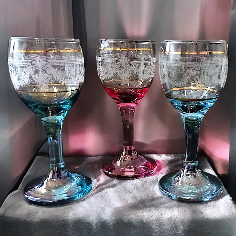 3 Chatel Gold Cristal D'Arques Cordial Glasses‎ Durand Iridescent Cranberry Blue